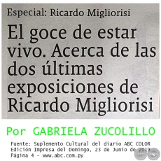 EL GOCE DE ESTAR VIVO. ACERCA DE LAS DOS LTIMAS EXPOSICIONES DE RICARDO MIGLIORISI - Por GABRIELA ZUCOLILLO - Domingo, 23 de Junio de 2019